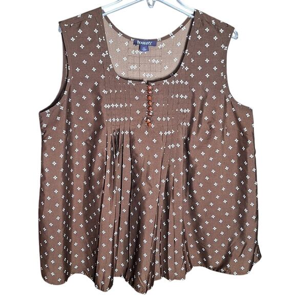 Roaman's Women 20W Brown/ White Diamond Pleated Flowy Wide Strap Tank Top - Picture 1 of 3